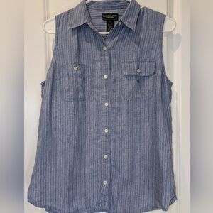 LRL Ralph Lauren Linen Sleeveless Button Down Top Size L Blue Striped